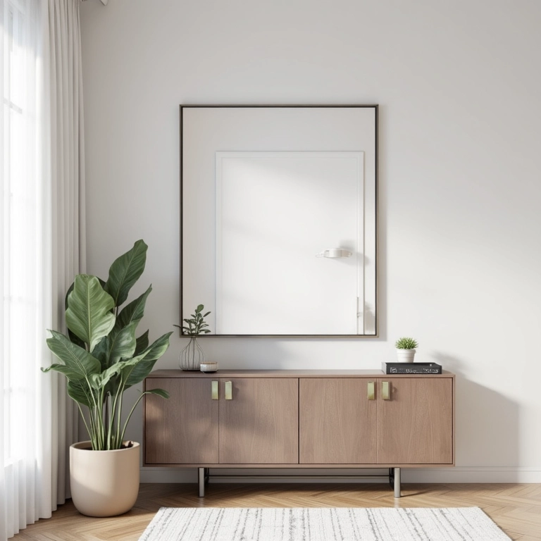 Sala moderna com espelho sem moldura sobre console.