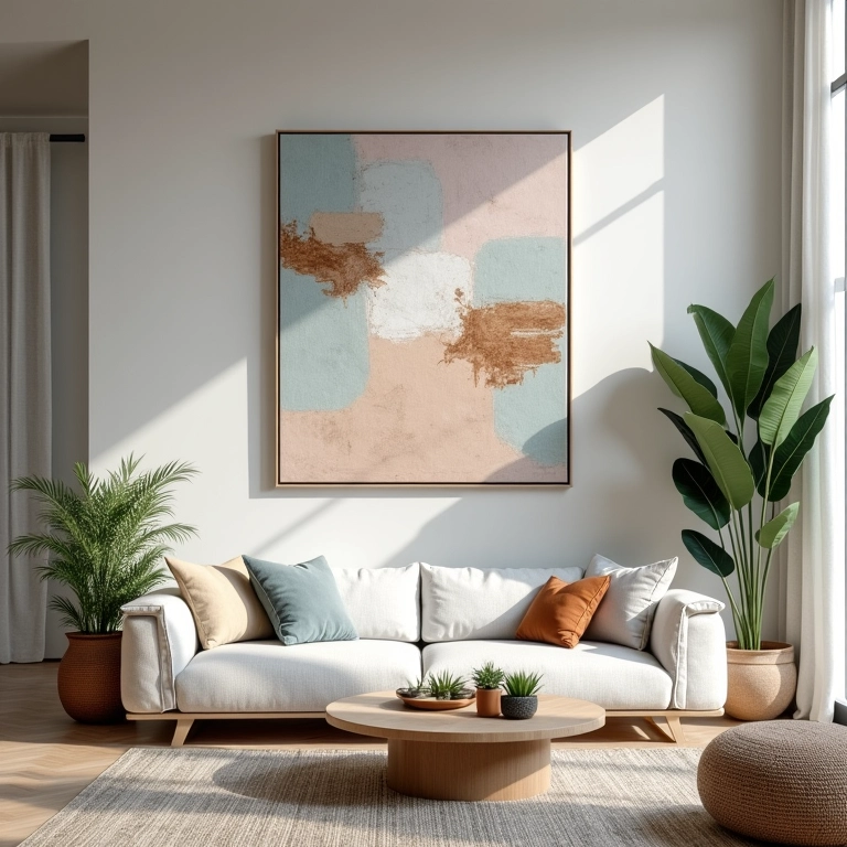 Sala moderna com grande tela abstrata, design minimalista e luz natural.