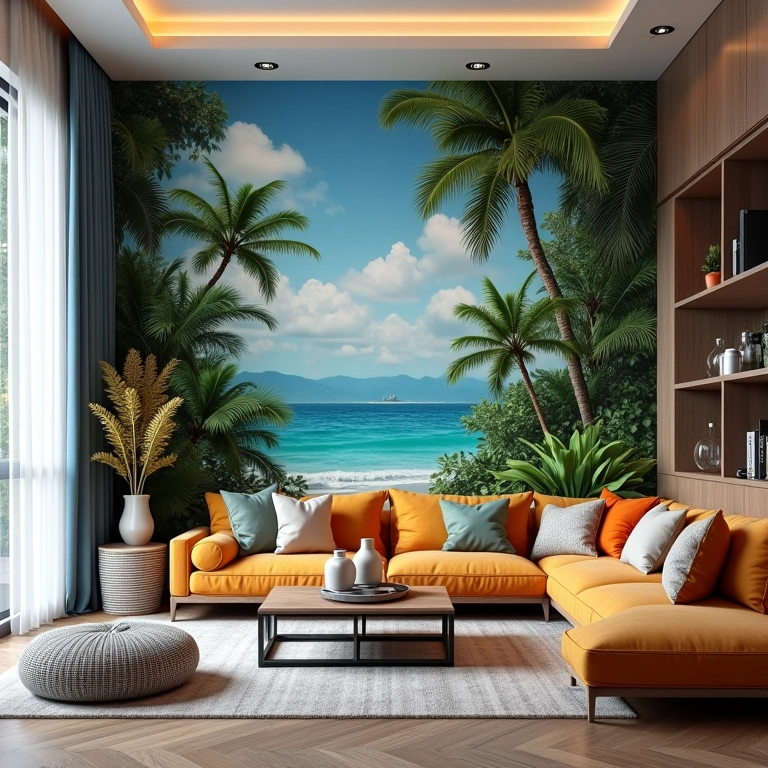 Sala moderna com papel de parede 3D criando ilusão de profundidade.