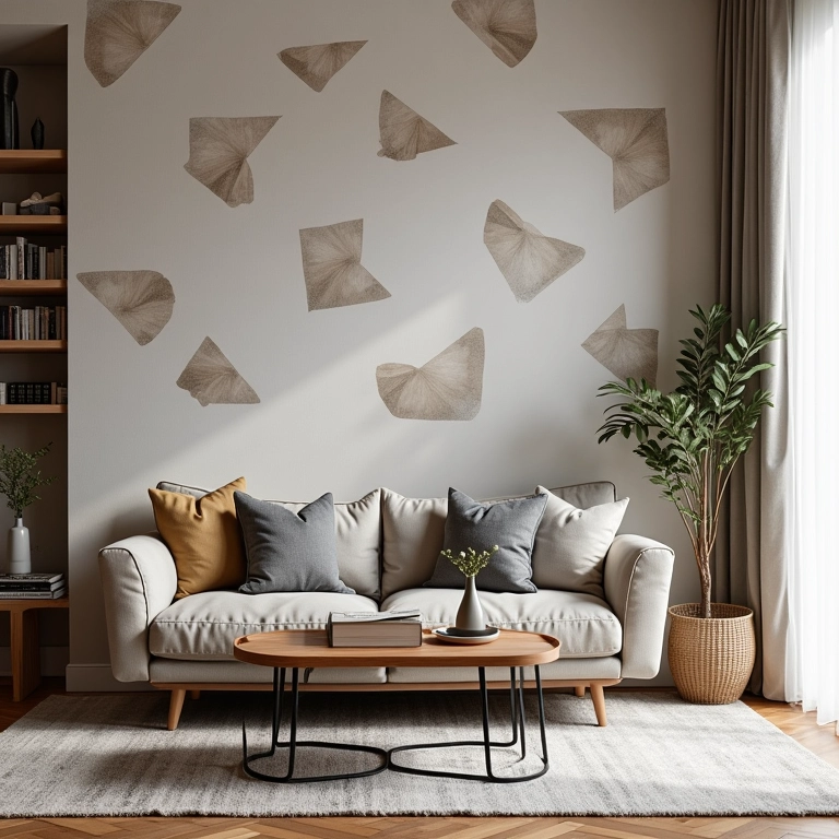 Sala moderna com papel de parede geométrico e sofá contrastante.