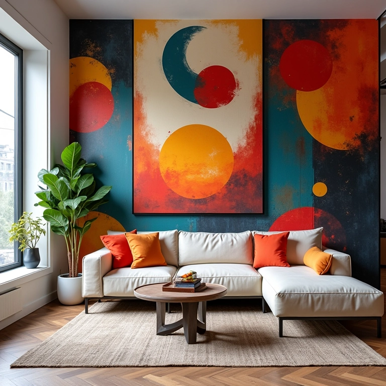 Sala moderna com papel de parede vibrante e design arrojado.