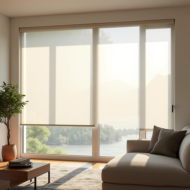 Sala moderna com persianas ajustáveis, luz difusa e design limpo.