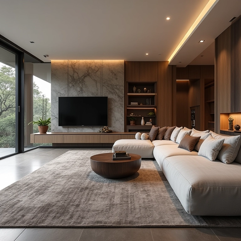 Sala moderna com tecnologia e design brasileiro.