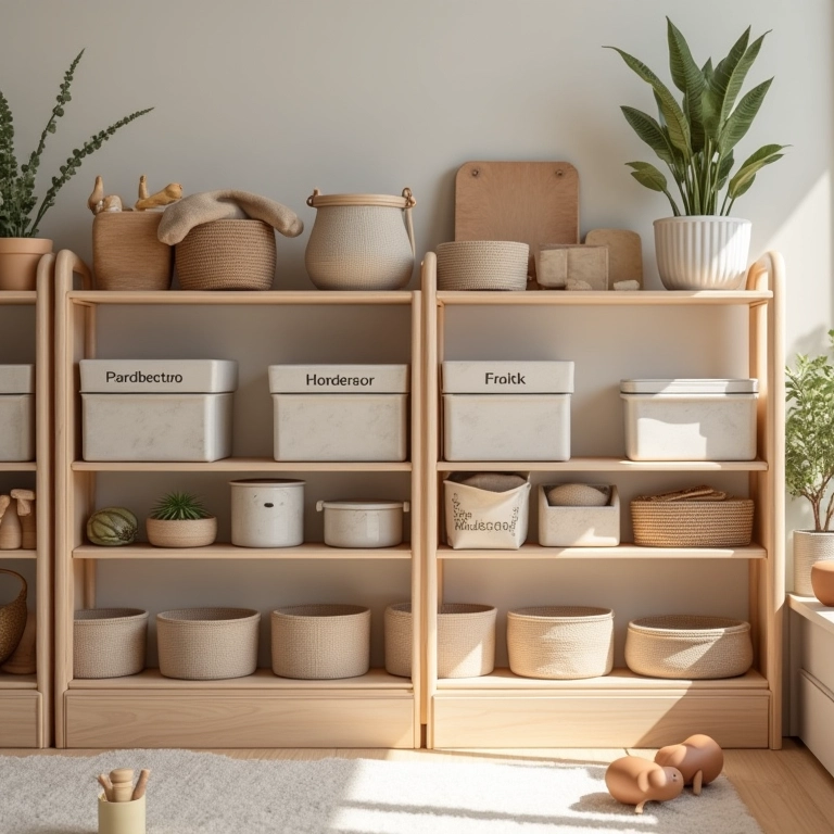 Sala Montessori organizada com prateleiras e materiais naturais.