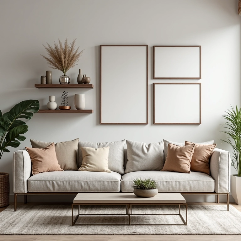 Sala organizada com objetos de decoração bem distribuídos e galeria de arte na parede.