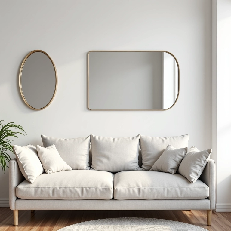 Sala pequena com cores claras e espelhos, ampliando o espaço com rack funcional.