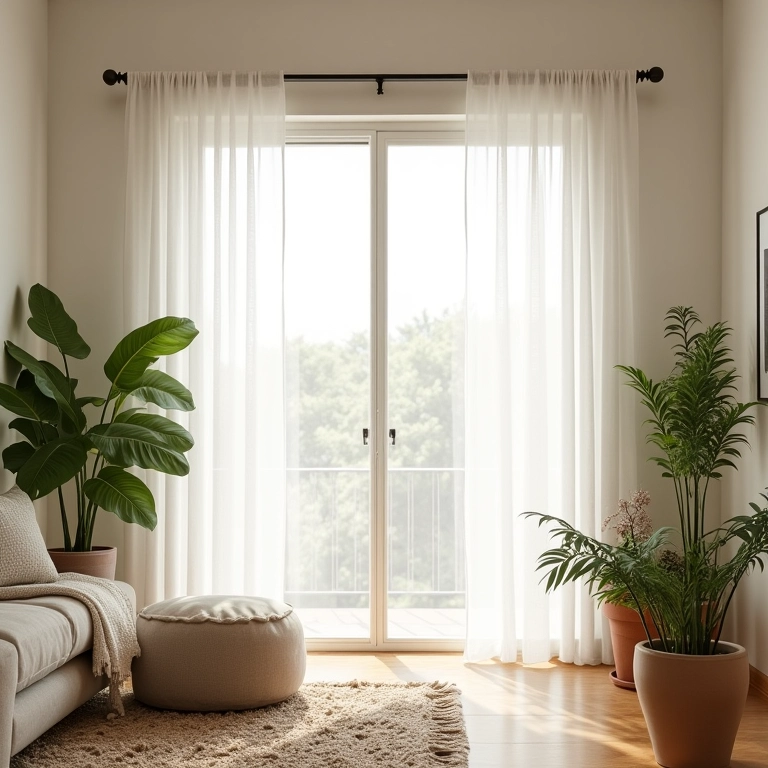 Sala pequena com cortinas brancas que ampliam o espaço e decoração minimalista brasileira.