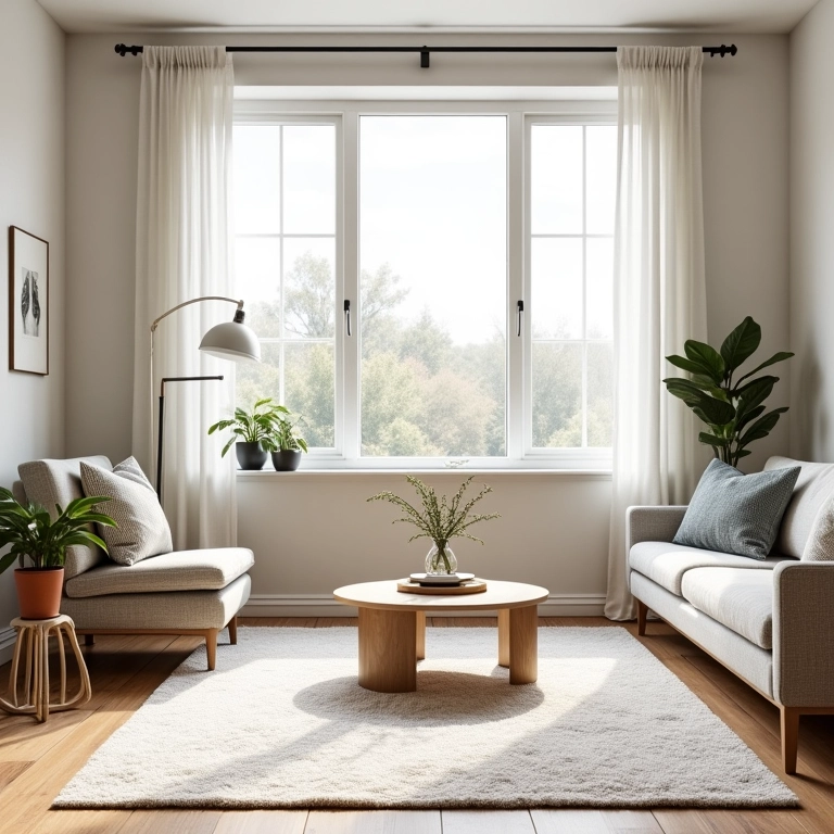 Sala pequena com tapete claro e móveis estrategicamente posicionados.