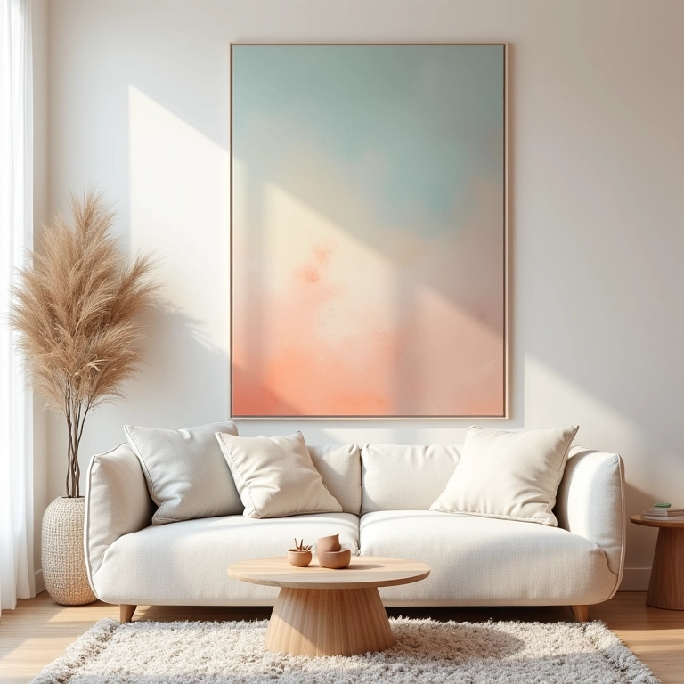 Sala relaxante com quadro grande em tons pastel e luz suave.