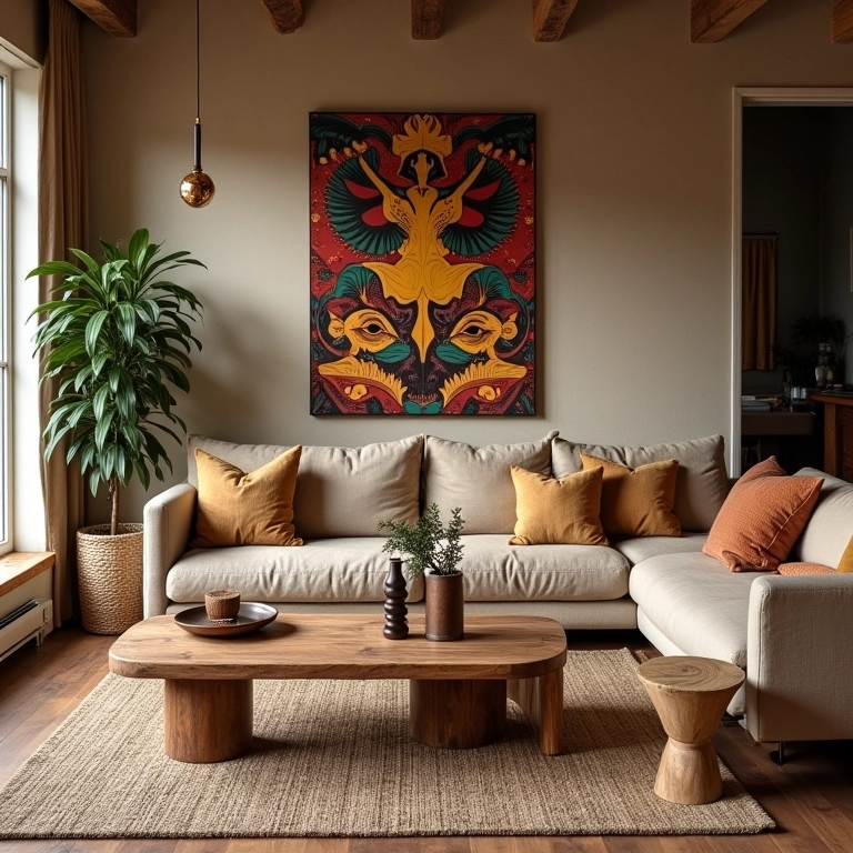 Sala rústica com materiais naturais e arte popular brasileira.