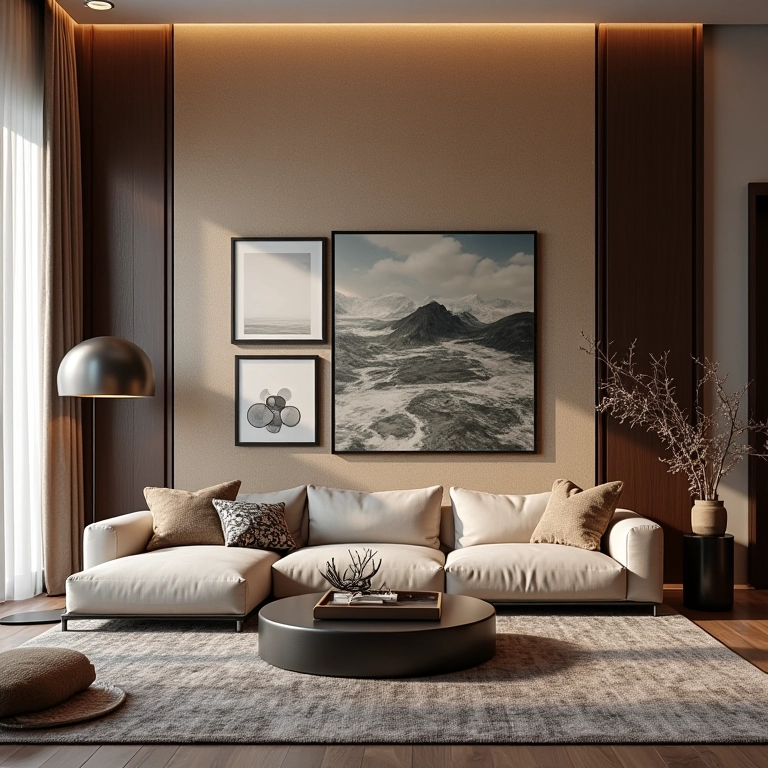 Sala sofisticada com papel de parede texturizado e iluminação aconchegante.