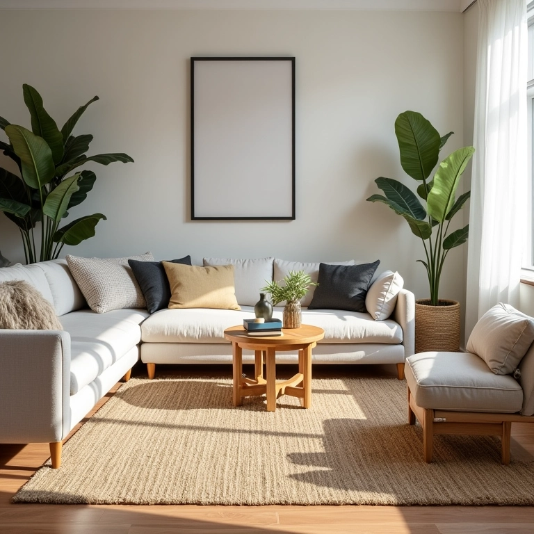 Sala versátil com tapete de sisal e decoração adaptável.
