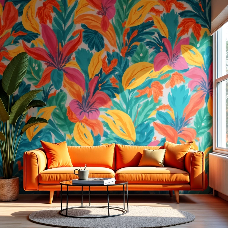 Sala vibrante com papel de parede estampado, transmitindo alegria e cor.