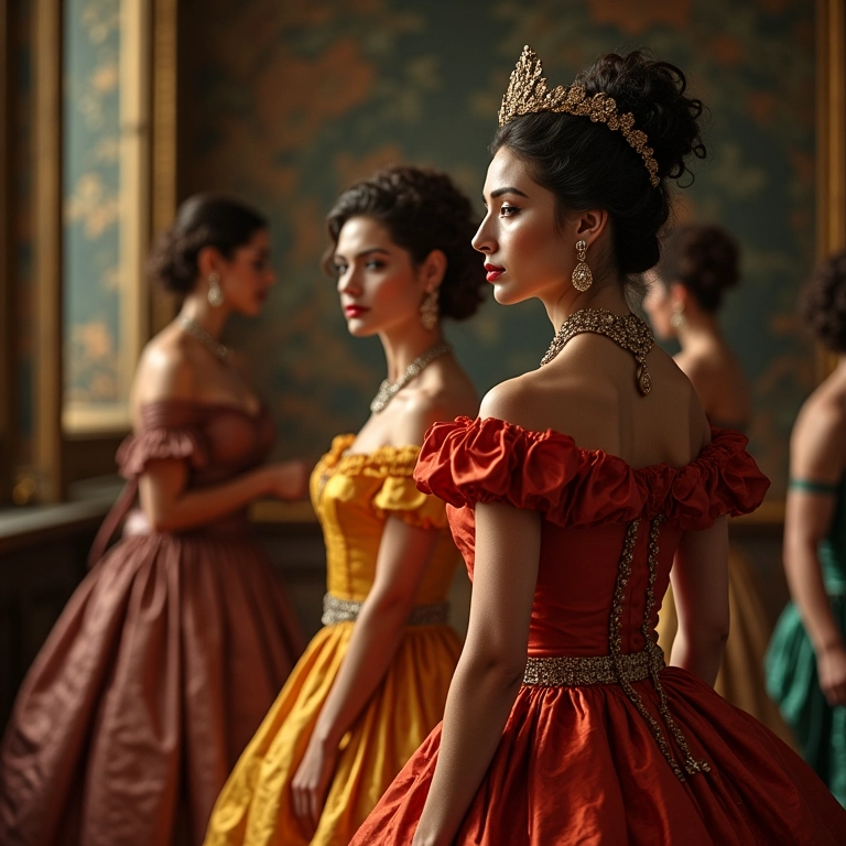 Salão de baile da era colonial com mulheres brasileiras usando vestidos de seda importados e joias ornamentadas.