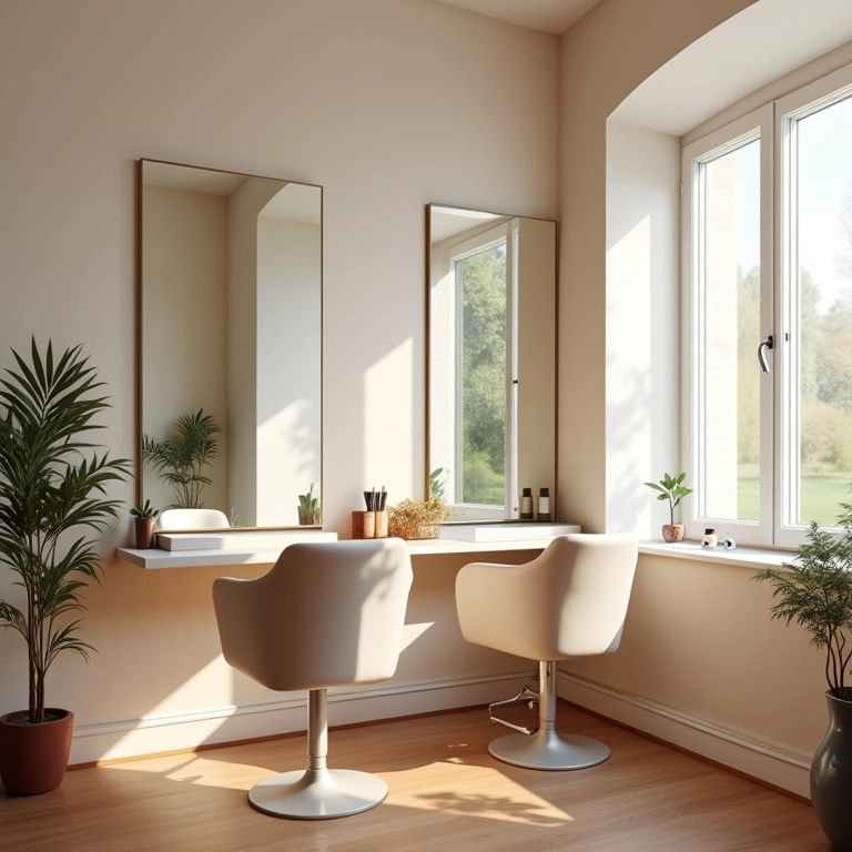 Salão de beleza com espelhos que ampliam o espaço e refletem a luz.