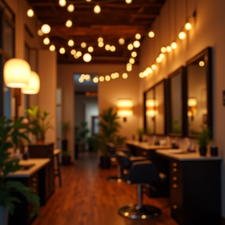 Salão de beleza com iluminação aconchegante e convidativa.