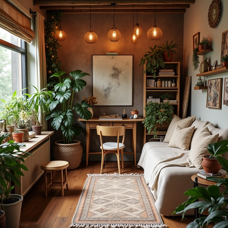 Salão de beleza em estilo boho com plantas, madeira natural e decoração vintage.