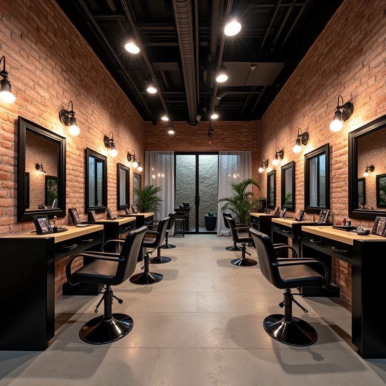 Salão de beleza em estilo industrial com tijolos aparentes e detalhes em metal.