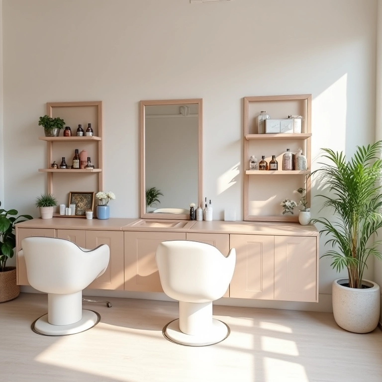 Salão de beleza minimalista com linhas limpas e cores neutras.
