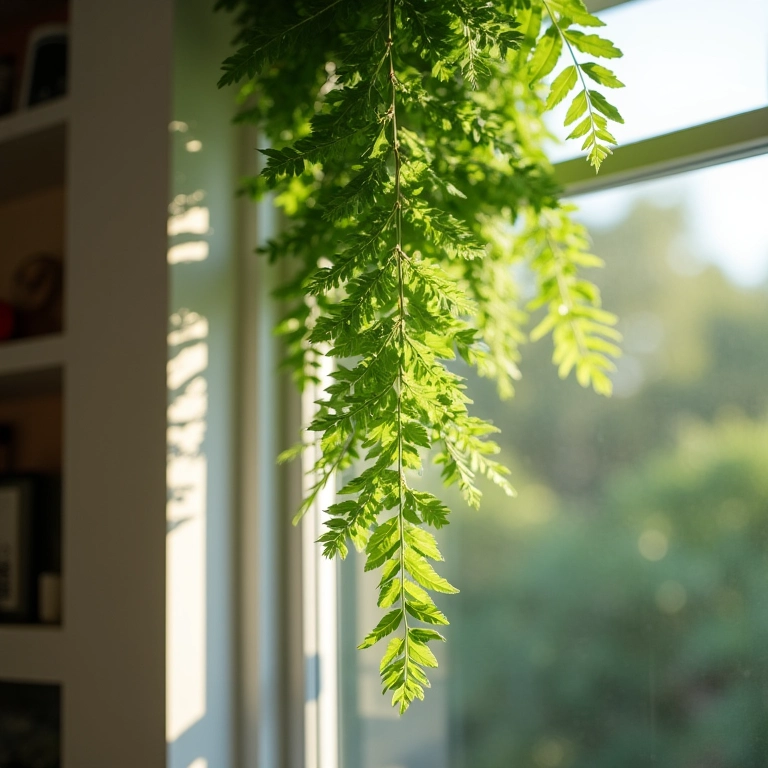 Samambaia exuberante pendurada em vaso, destacando a beleza clássica e elegante da planta.