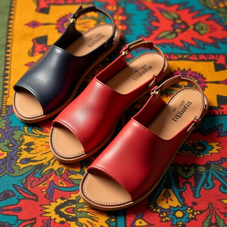 Sandálias Anabela coloridas dispostas sobre tecido brasileiro vibrante.