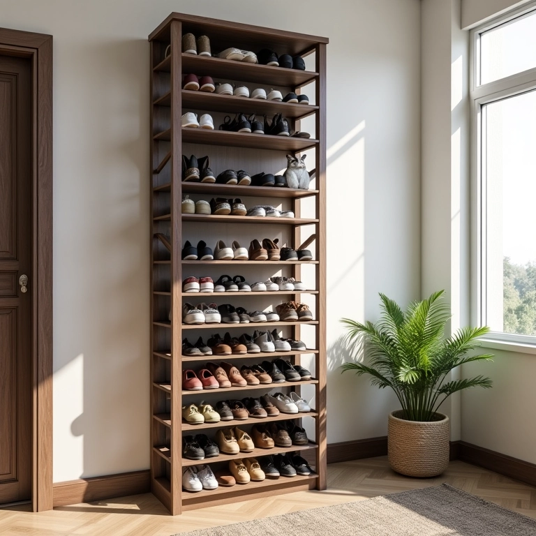 Sapateira vertical otimizando o espaço em casa brasileira.