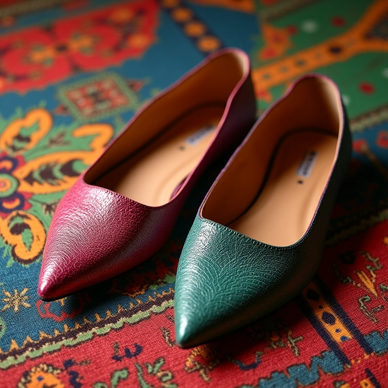 Sapatilhas de bico fino coloridas sobre tecido vibrante brasileiro.