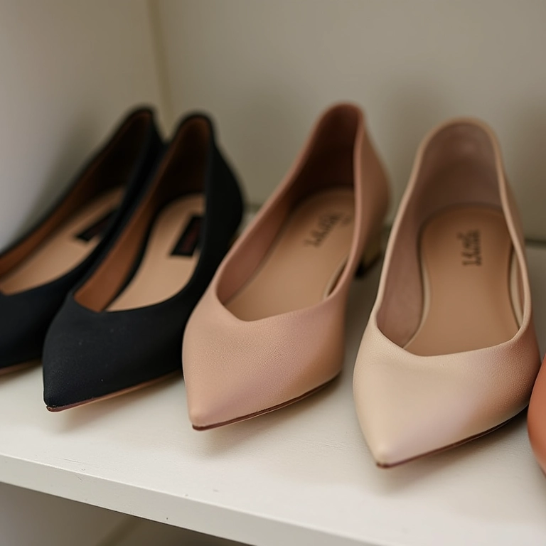 Sapatilhas de bico fino em cores neutras (preto, bege, nude) em prateleira.
