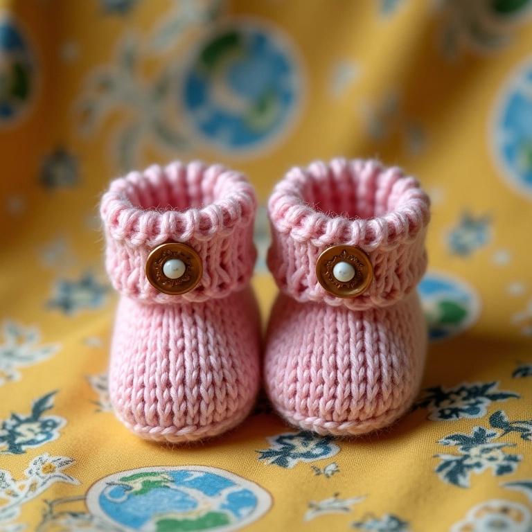 Sapatinho de tricô com botões decorativos em tecido estampado.