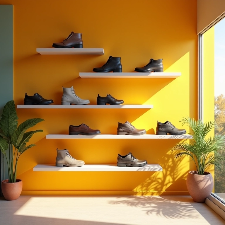 Sapatos organizados em prateleiras aéreas em apartamento brasileiro.