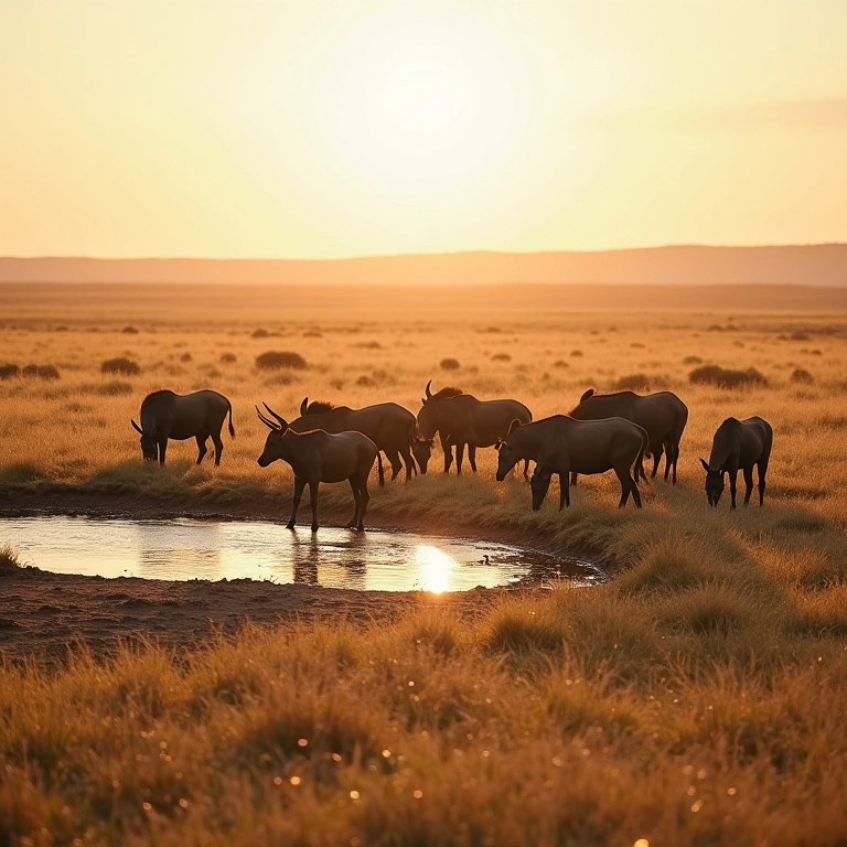 Savana africana na estação seca com animais reunidos em um bebedouro.
