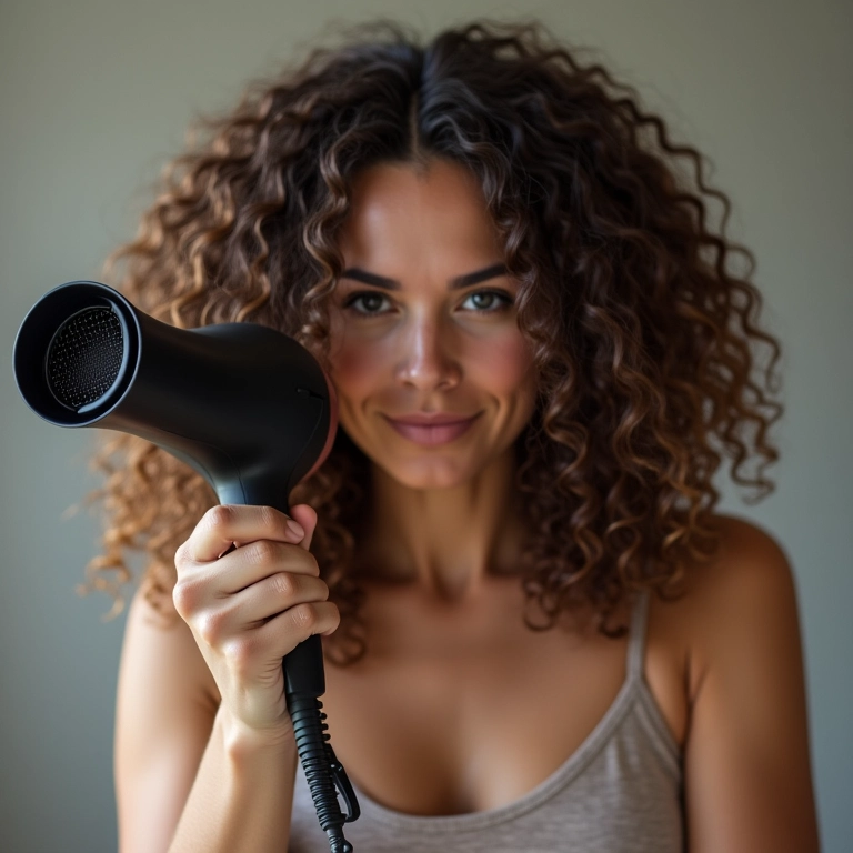 Secando o cabelo cacheado com um difusor.