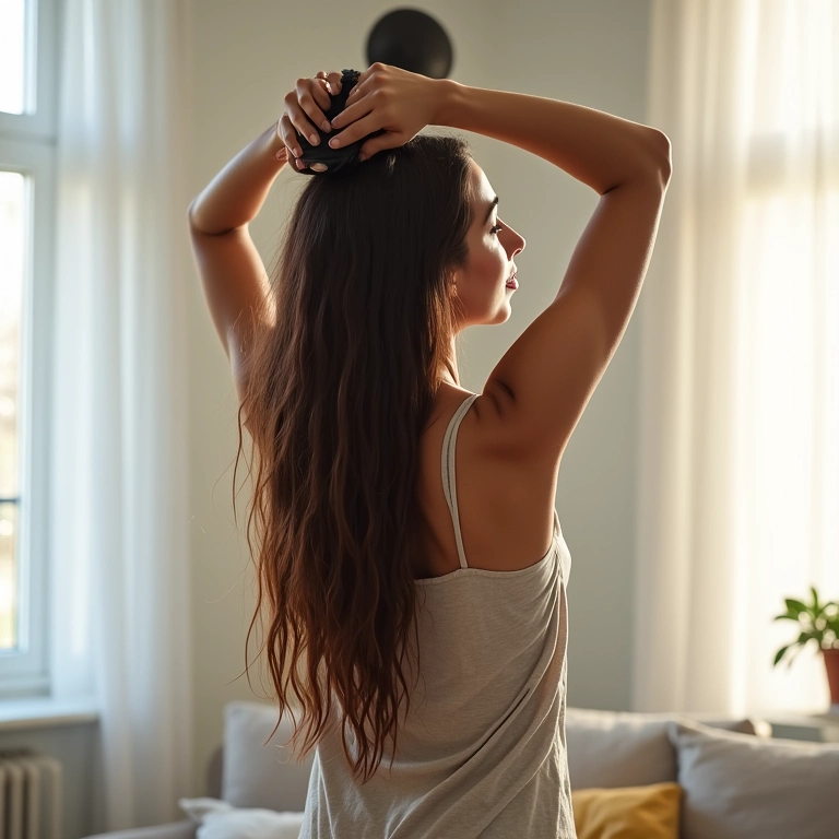 Secando o cabelo de cabeça para baixo para dar volume.
