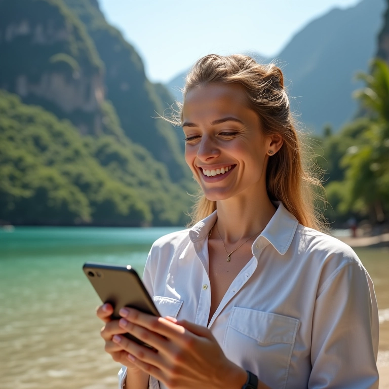 Seguro viagem para Tailândia no celular, mulher sorrindo ao fundo.