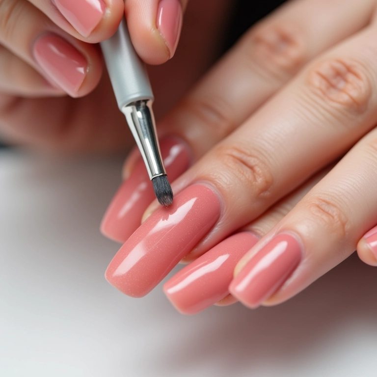 Selagem das unhas de gel com top coat brilhante.