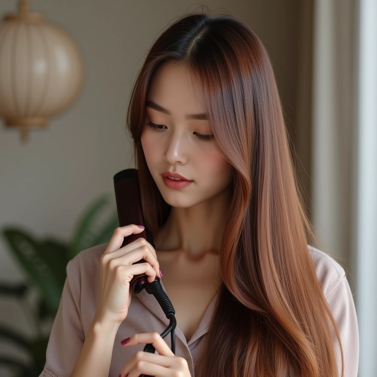 Selagem dos cabelos lisos com chapinha.