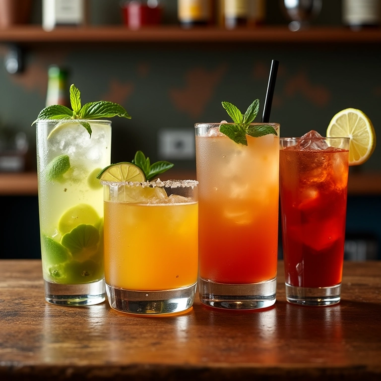 Seleção colorida dos coquetéis mais populares do mundo em um bar aconchegante.