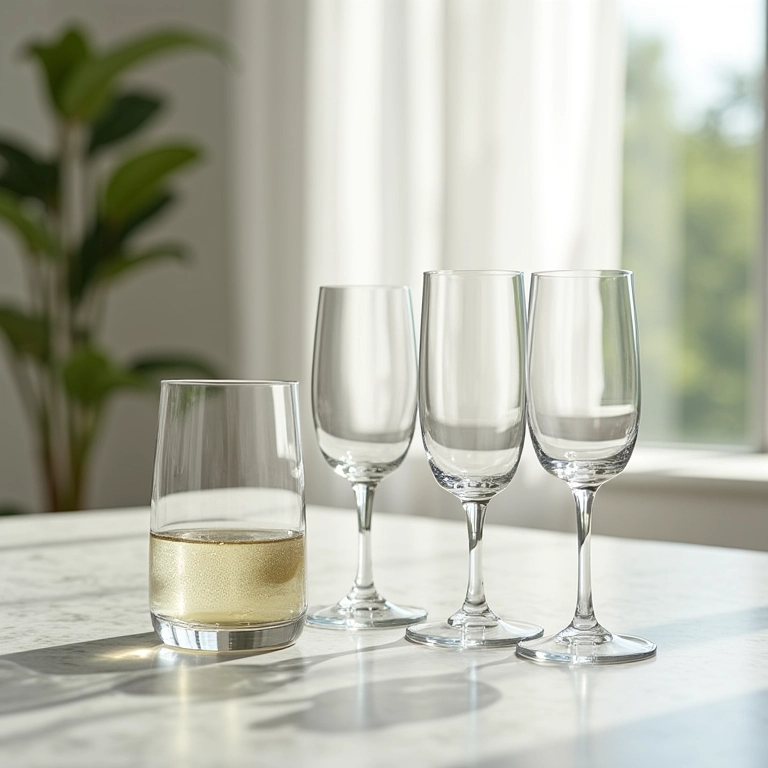 Seleção de copos de vidro transparente e taças de vinho em uma mesa.