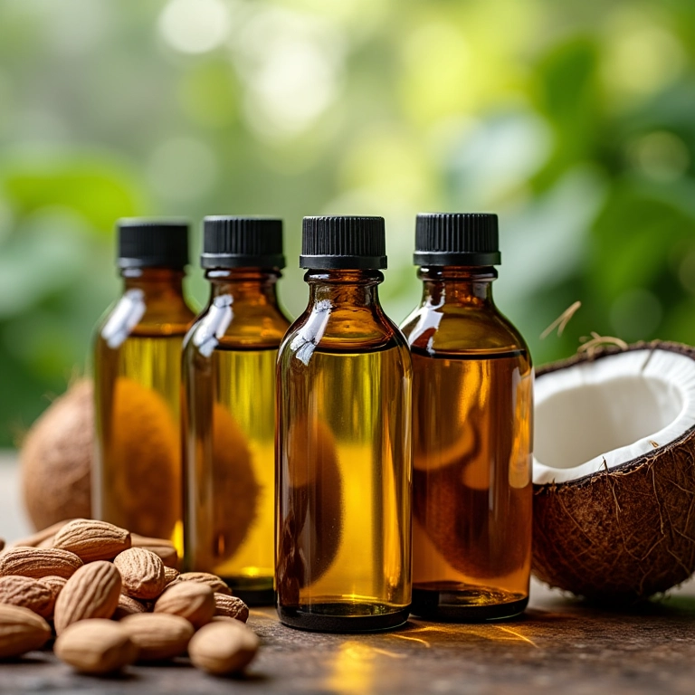 Seleção de óleos vegetais naturais: amêndoa, coco e jojoba em frascos âmbar.