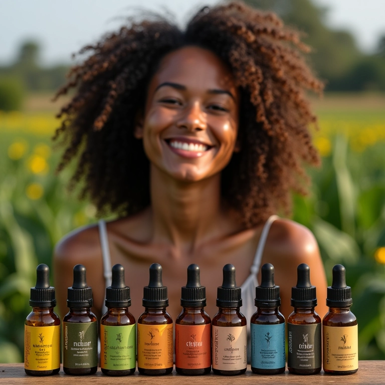 Seleção de óleos vegetais para cabelo com mulher brasileira ao fundo.