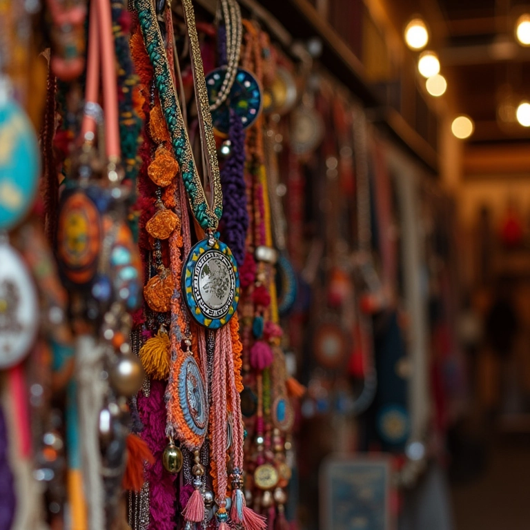 Seleção de peças de moda indígena autênticas em loja.