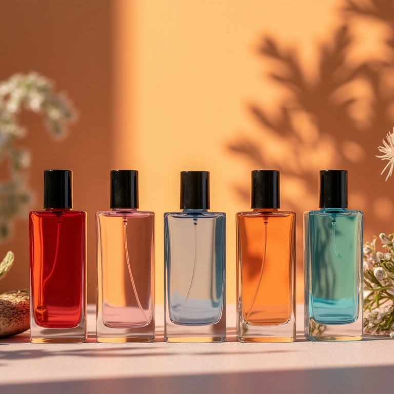 Seleção de perfumes com roupas de verão e inverno ao fundo.