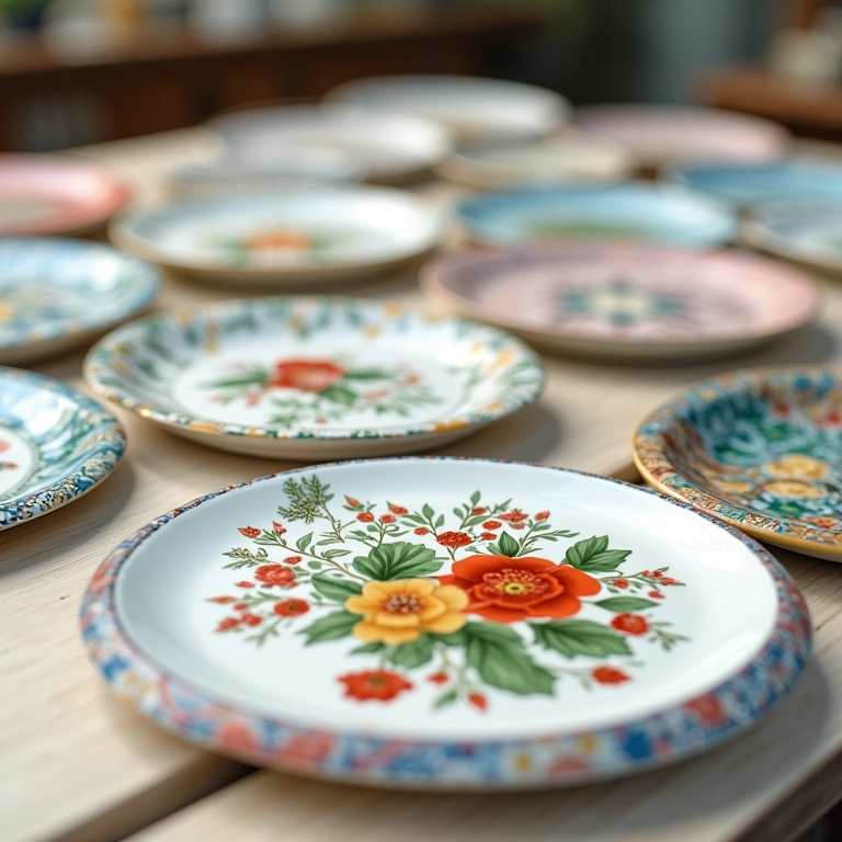 Seleção de pratos decorativos de diferentes materiais e estilos.