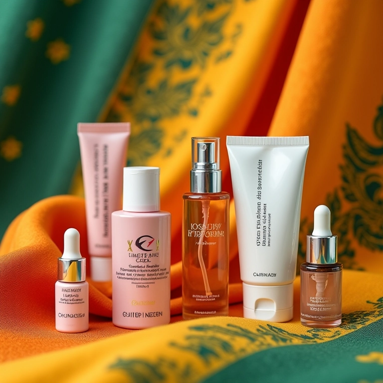 Seleção de produtos de beleza chineses (C-Beauty) de diversas marcas em tecido colorido.