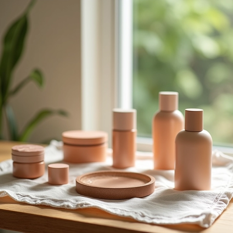 Seleção de produtos de maquiagem minimalistas em uma mesa de madeira.