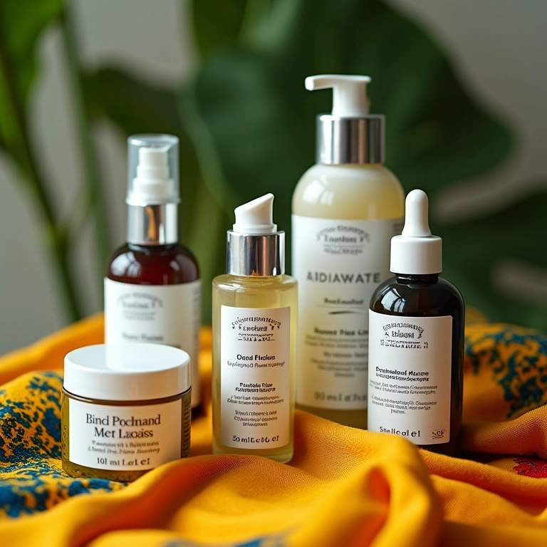 Seleção de produtos de skincare acessíveis em tecido colorido.