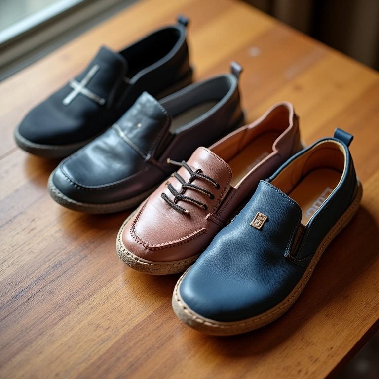 Seleção de sapatos versáteis para viagem: tênis, sandálias e sapatilhas.