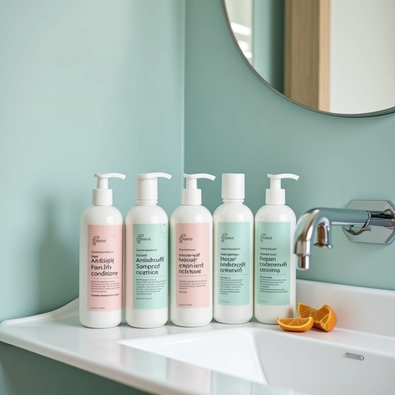 Seleção de shampoos e condicionadores anticaspa.