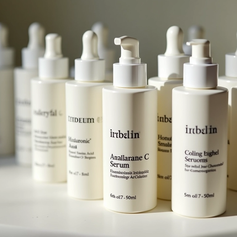 Séruns anti-idade com ingredientes para pele mista em prateleira iluminada.