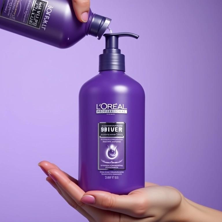 Shampoo Matizador Silver da L'Oréal Professionnel sendo despejado em uma mão.